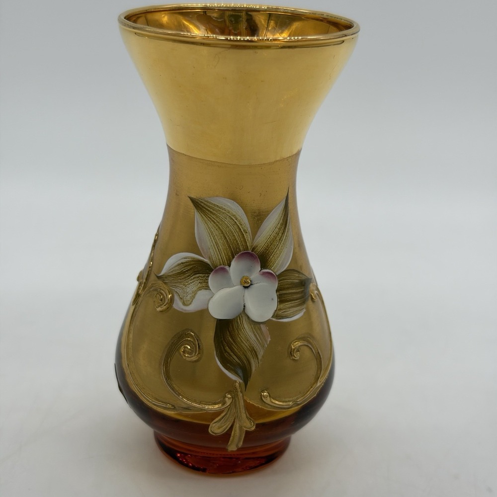 Vintage Venetian VR Italy Amber Glass Mini Vase Hand Painted Floral Gold Gilt 4"